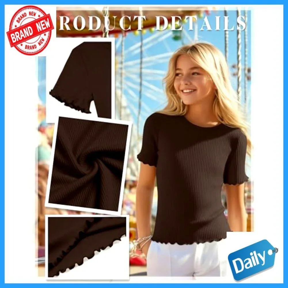 Girls' Ribbed Short Sleeve Tees 3-Pack Crew Neck Lettuce Trim Ages 5-14